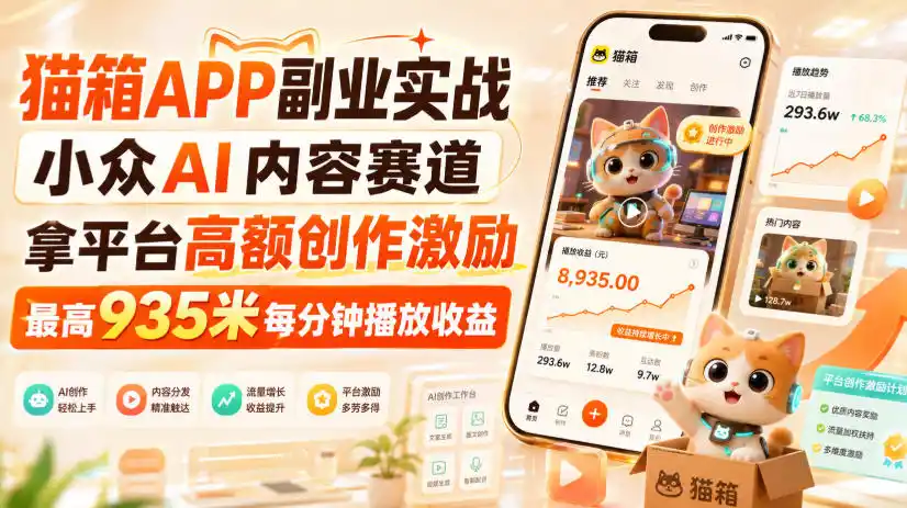 猫箱APP副业实战，小众AI内容赛道，拿平台高额创作激励，最高935米每分钟播放收益-优优云网创