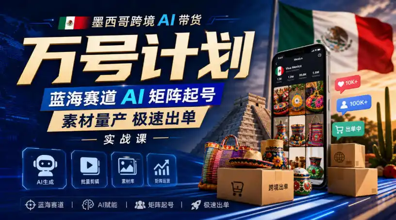 墨西哥跨境AI带货万号计划,蓝海赛道AI矩阵起号,素材量产极速出单实战课-优优云网创