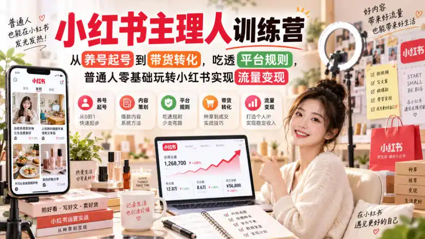 小红书主理人训练营，从养号起号到带货转化，吃透平台规则，普通人零基础玩转小红书实现流量变现-优优云网创