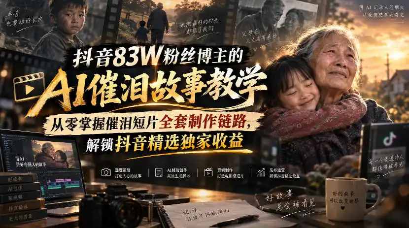 抖音83W粉丝博主的AI催泪故事教学，从零掌握催泪短片全套制作链路，解锁抖音精选独家收益-优优云网创