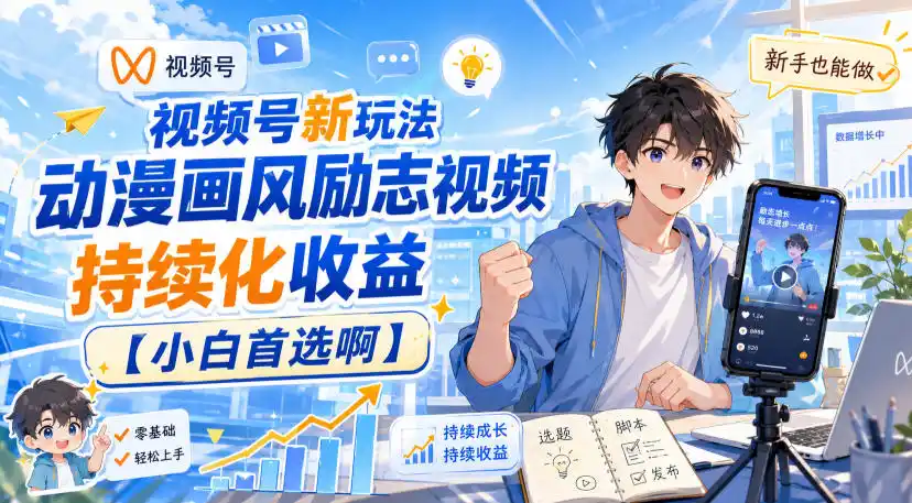 视频号新玩法动漫画风励志视频,持续化收益【小白首选啊】-优优云网创