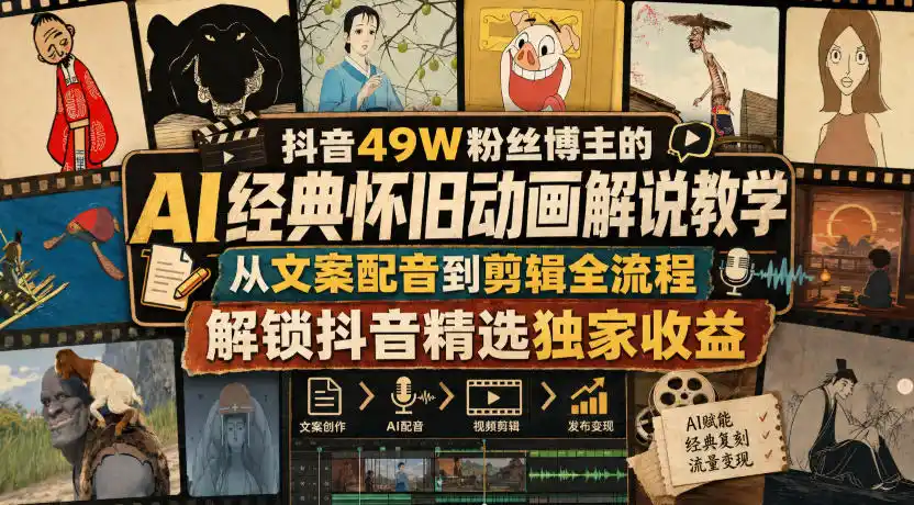 抖音49W粉丝博主的AI经典怀旧动画解说教学，从文案配音到剪辑全流程，解锁抖音精选独家收益-优优云网创