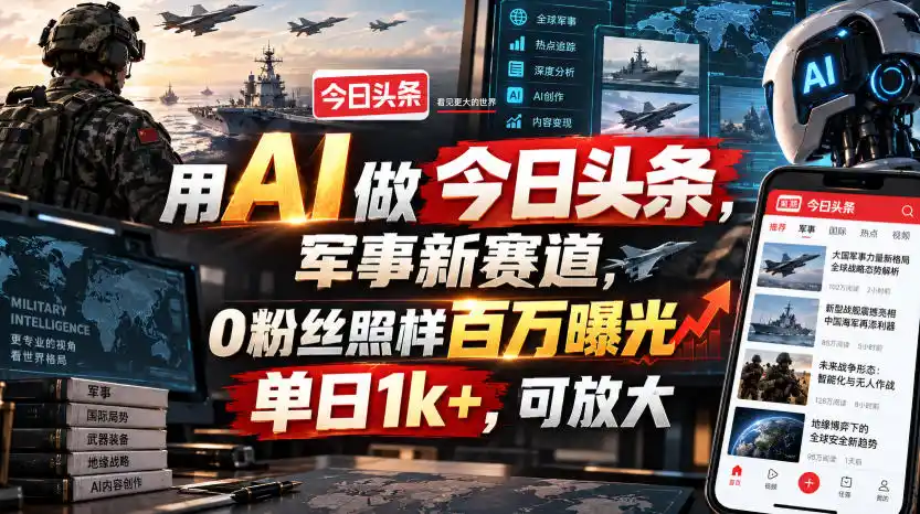 用AI做今日头条，军事新赛道，0粉丝照样百万曝光，单日1k+，可放大-优优云网创