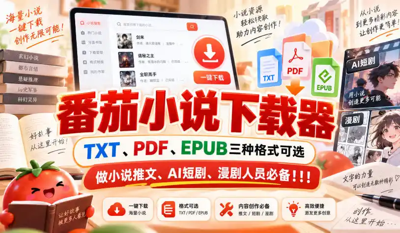 番茄小说下载器,TXT、PDF、EPUB三种格式可选,做小说推文、AI短剧、漫剧人员必备!!!-优优云网创