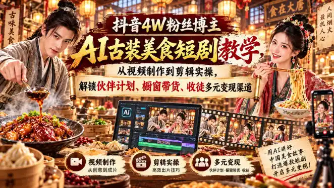 抖音4W粉丝博主AI古装美食短剧教学,从视频制作到剪辑实操,解锁伙伴计划、橱窗带货、收徒多元变现渠道
