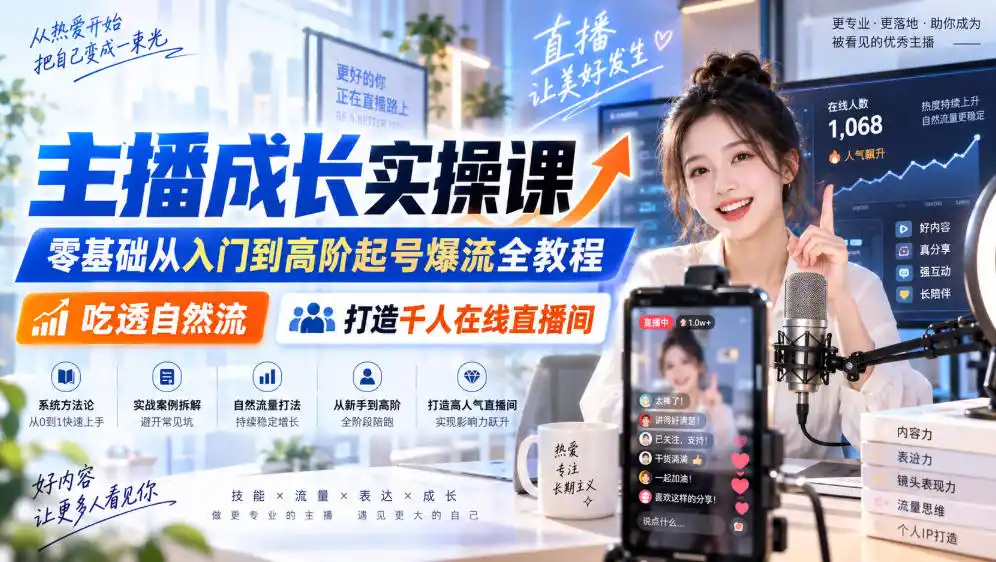 主播成长实操课｜零基础从入门到高阶起号爆流全教程，吃透自然流，打造千人在线直播间-优优云网创